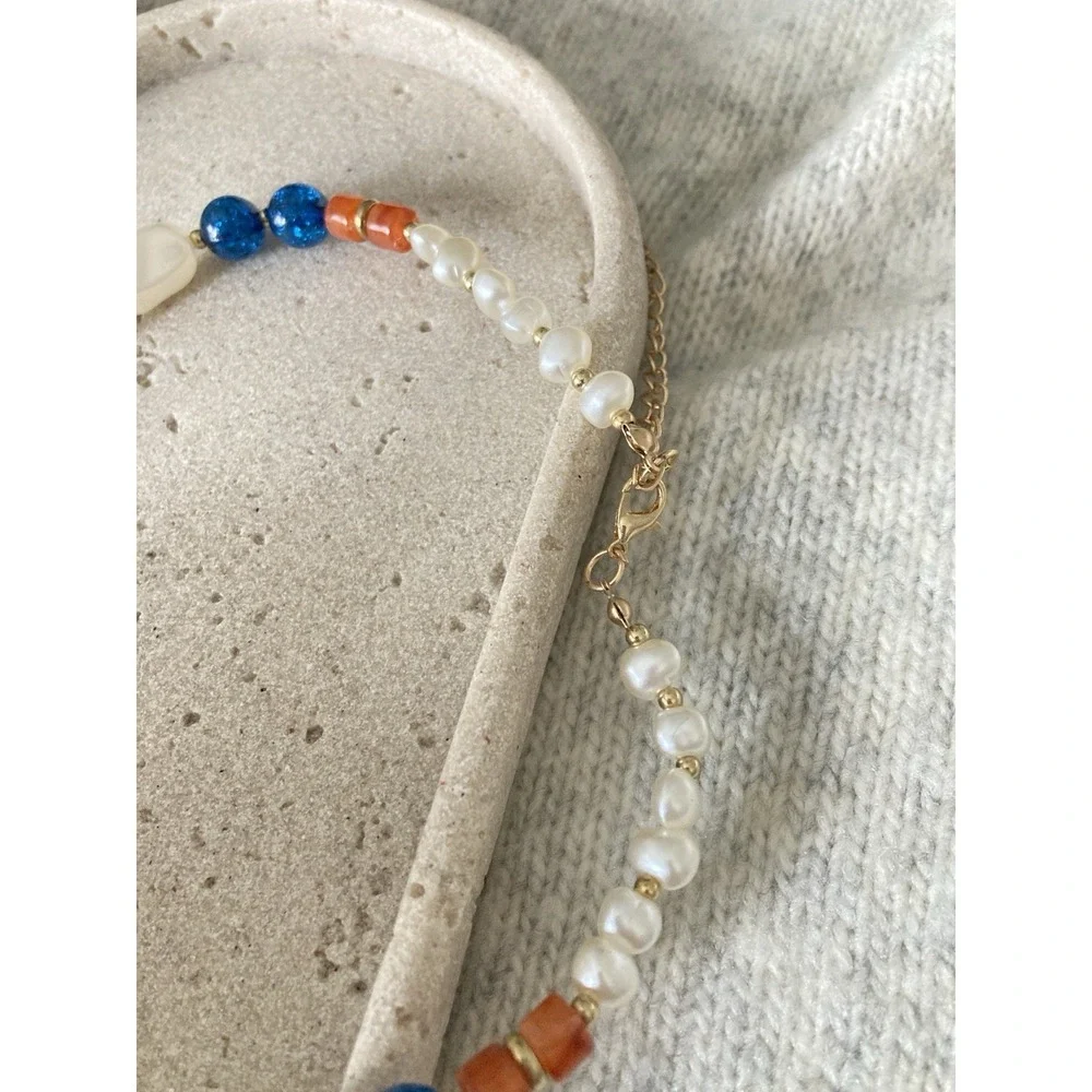 Beggars Beads Collar Necklace Blue Crackle Beads Faux Pearl Beaded Romantic Glam